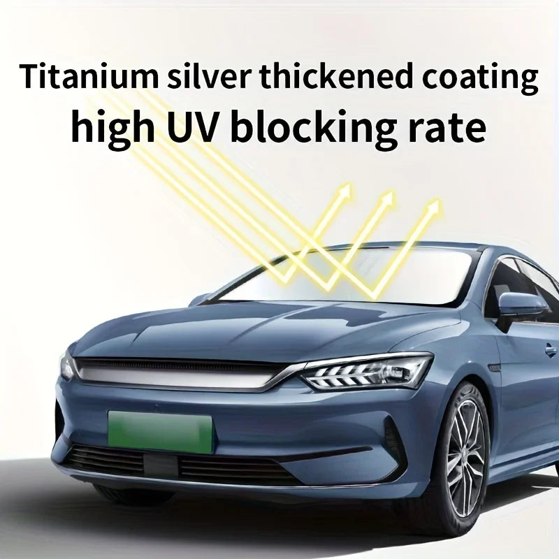 A blue car with a titanium silver thickened coating high UV blocking rate on the windshield.
