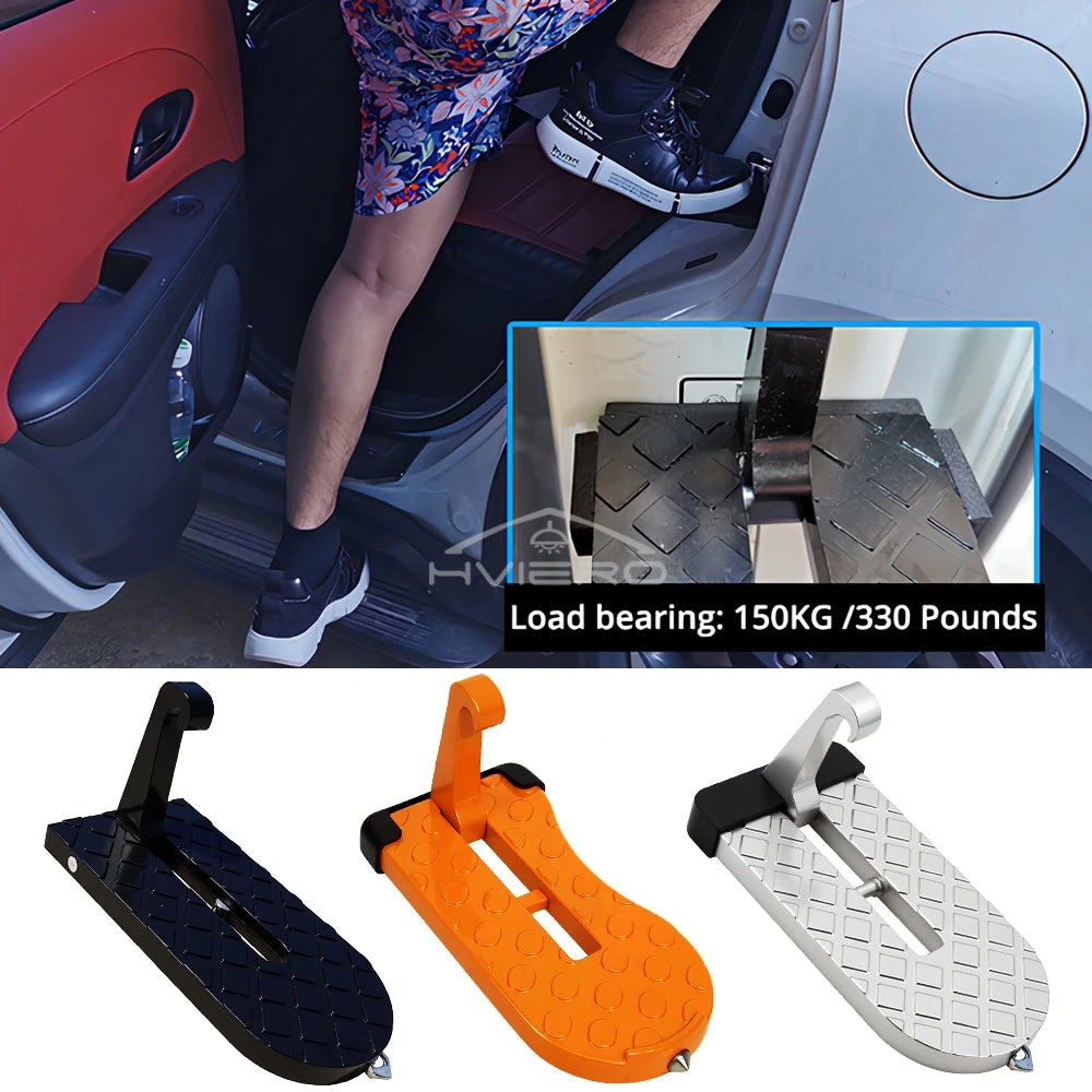 Set of three multi-functional car roof access steps and hooks in black orange and silver colors