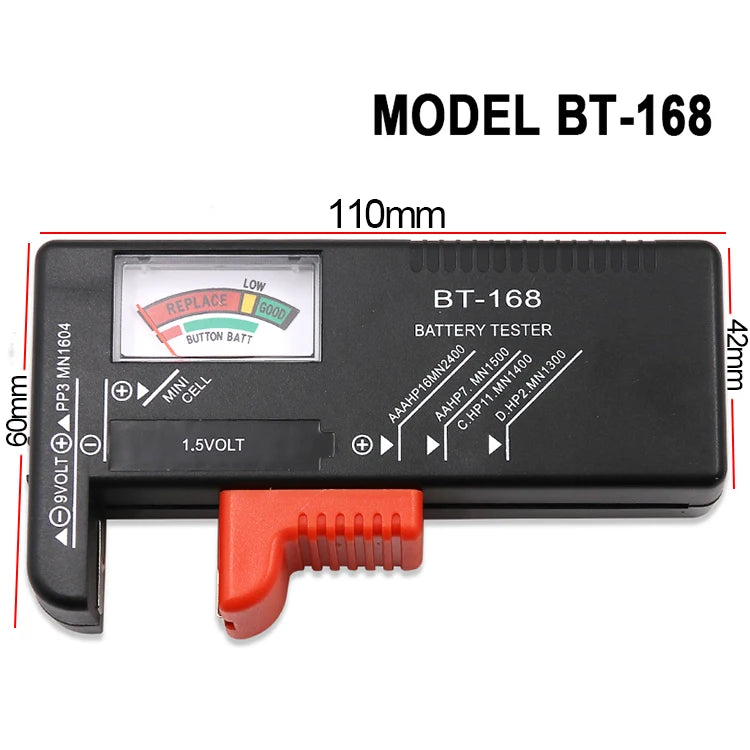 Black battery tester model BT-168 with a color coded indicator and a red testing probe