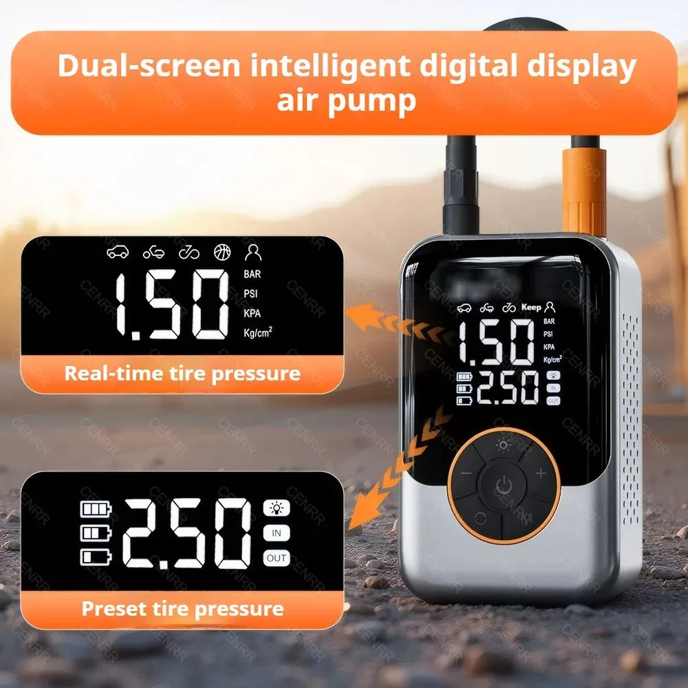 A silver portable air pump with a dual-screen digital display showing tire pressure measurements.