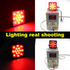 A red LED trailer hitch light cover is shown in two configurations: a standalone light and mounted on a power supply unit.