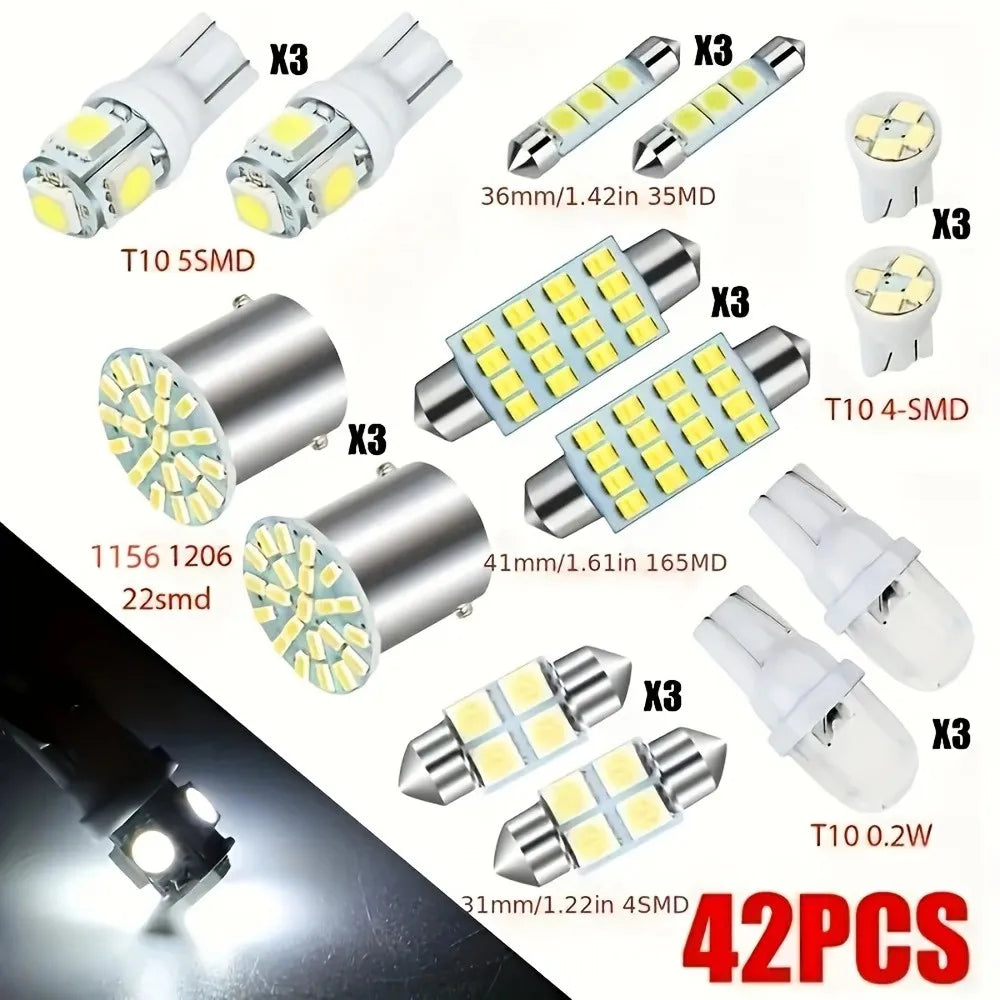 Collection de 42 kits d'éclairage LED haute performance pour intérieur de voiture, de différentes tailles et formes.