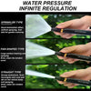 A set of three water pressure sprayers, including sprinkler, fan-shaped, and straight types, being held by a hand.