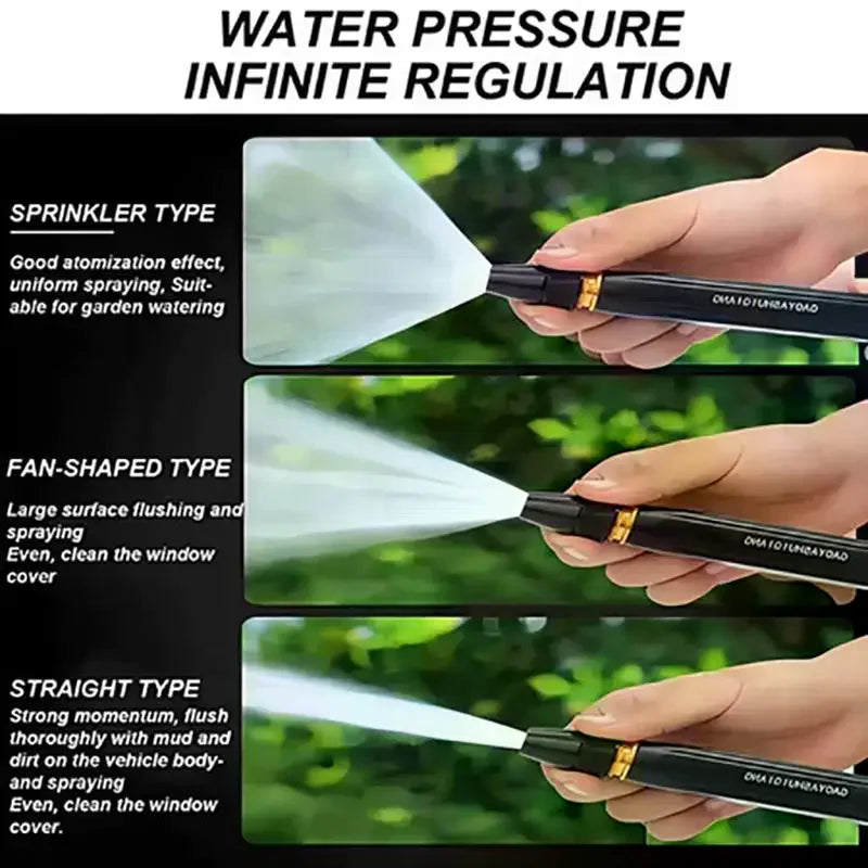 A set of three water pressure sprayers, including sprinkler, fan-shaped, and straight types, being held by a hand.