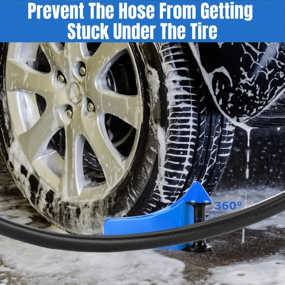 A blue tire wedge tool is shown sliding under a car tire to prevent it from getting stuck.