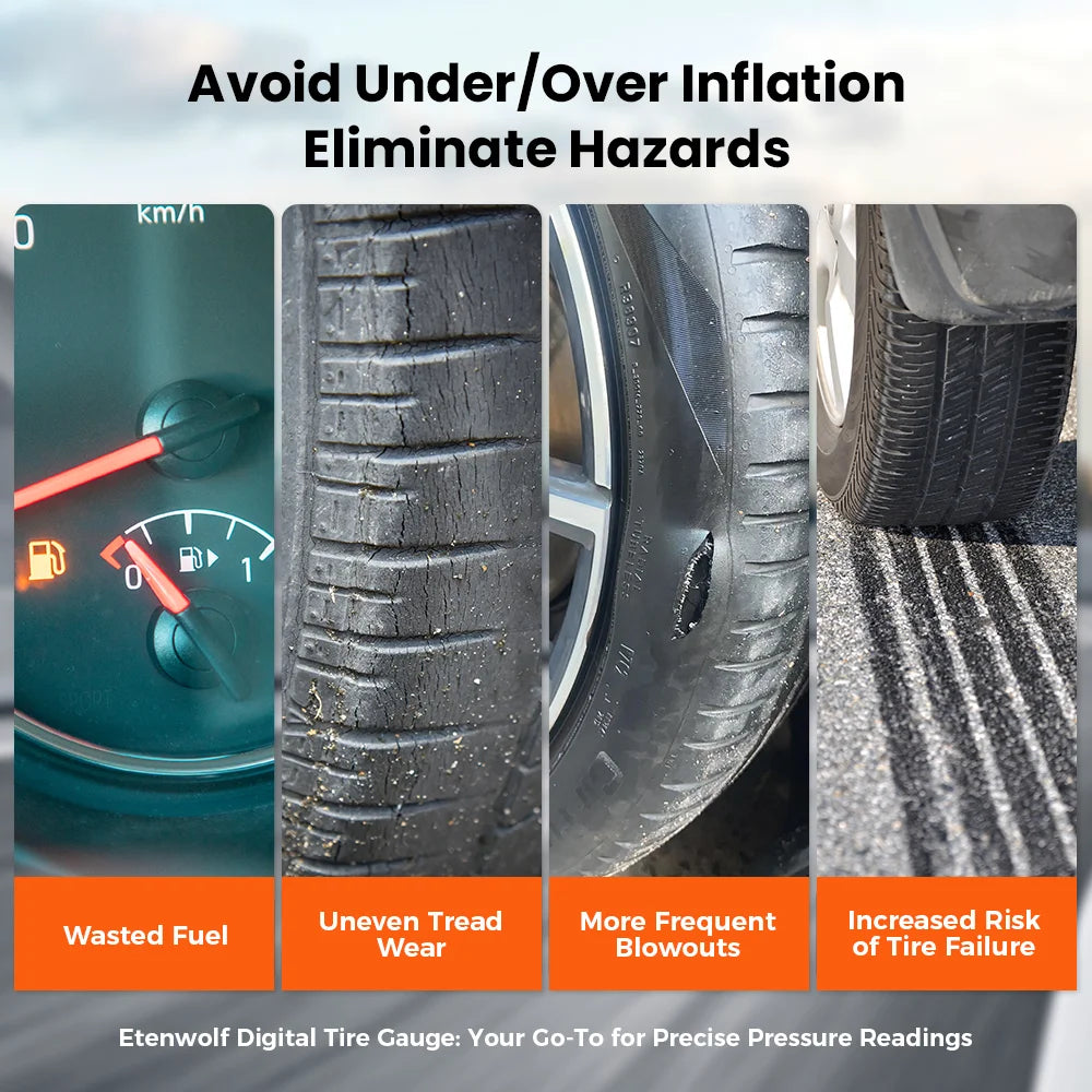 A digital tire gauge is shown next to a tire, illustrating how it helps avoid inflation hazards.