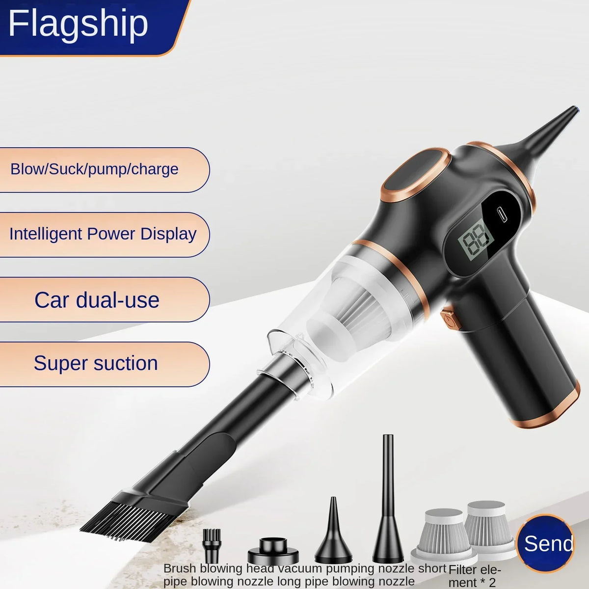 A black cordless vacuum cleaner with a brush and nozzle, shown against a white background.