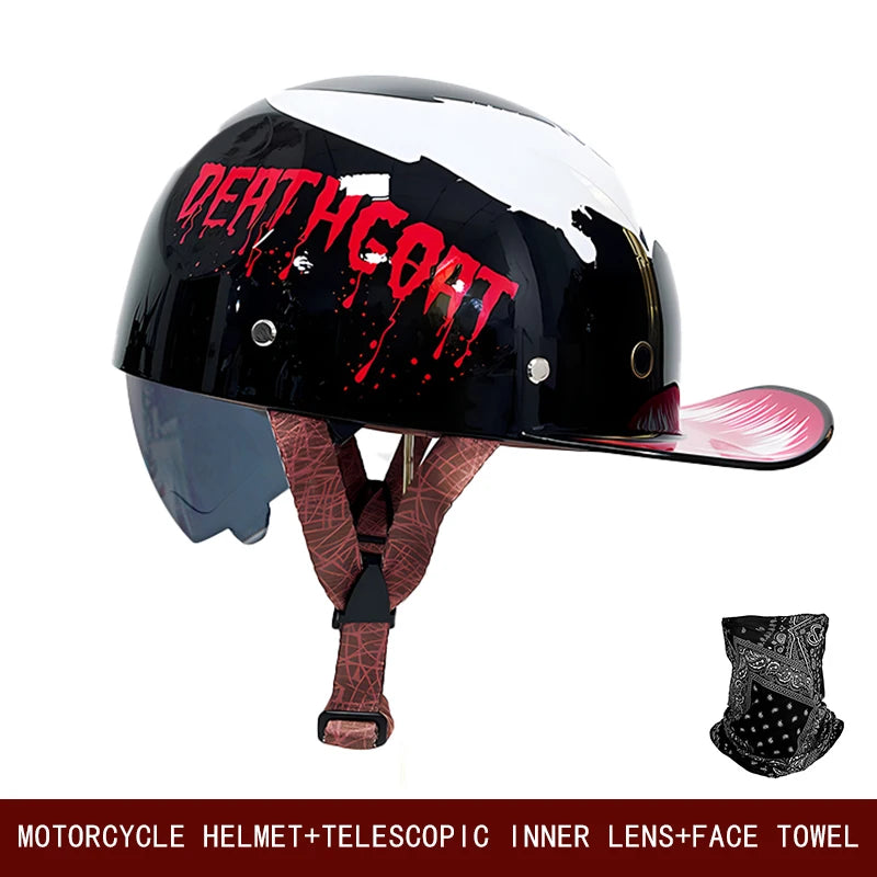A black motorcycle helmet with red lettering is shown alongside an inner lens and face towel.