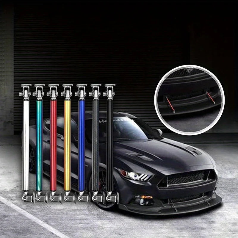 Adjustable metal front lip support rods in various colors displayed on a black car.