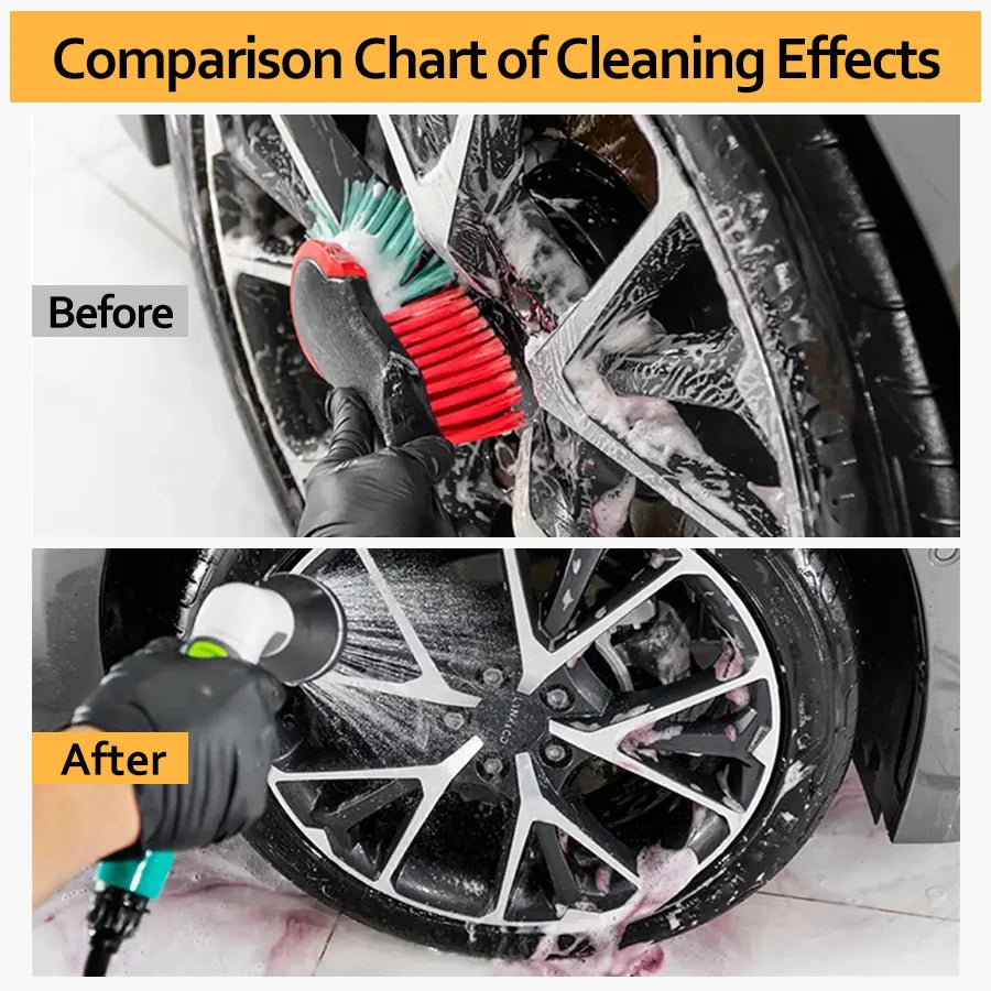 Comparison chart showing before and after cleaning effects of a tire and wheel cleaner on a car wheel.