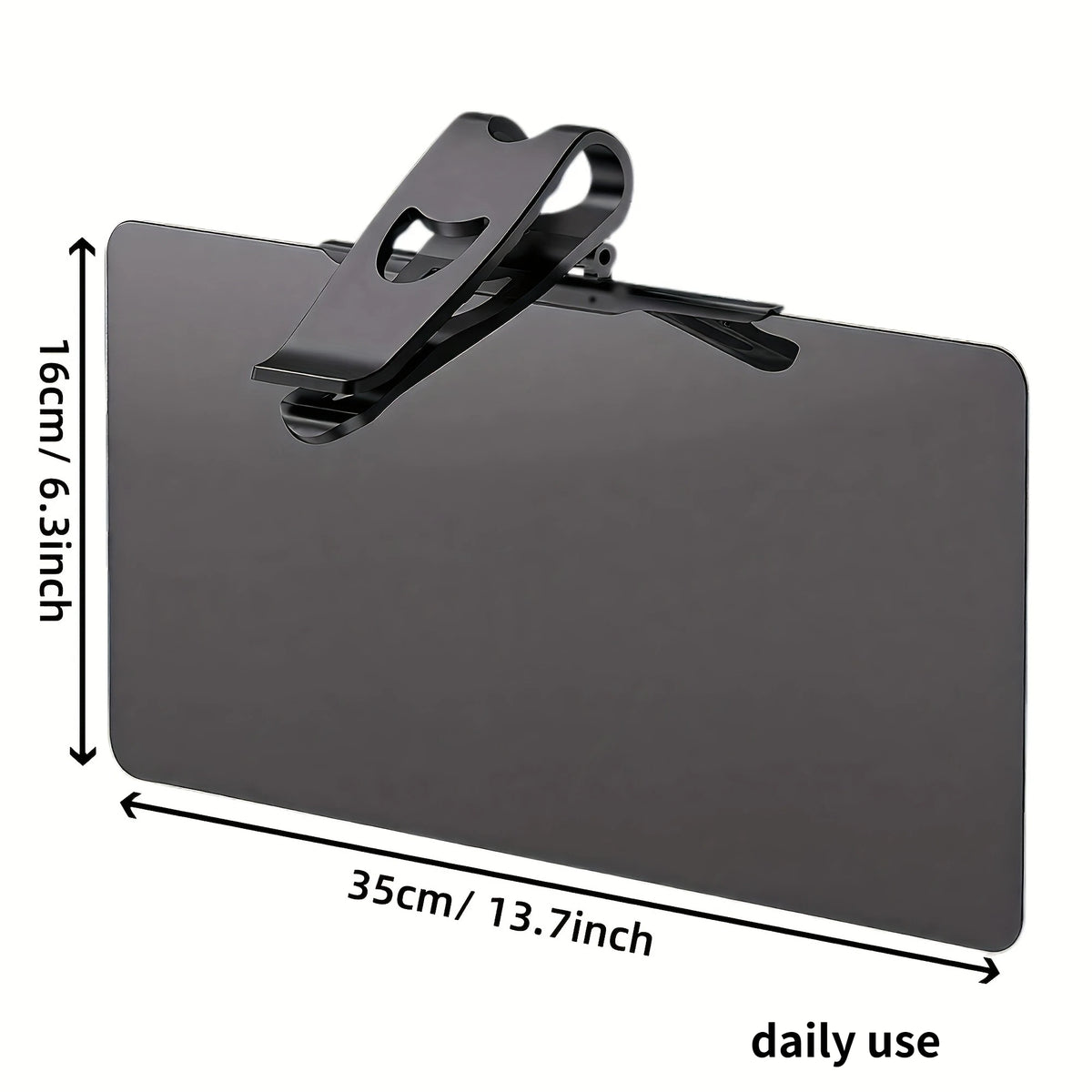 A rectangular, dark gray polarized car sun visor with a clip mechanism shown for daily use.