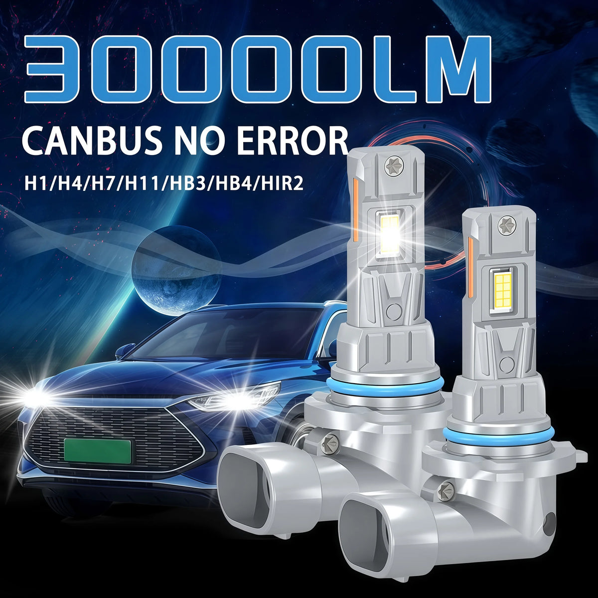 Ein Paar Automobil-LED-Canbus-Lichter neben einem blauen Auto, das fehlerfreie Funktion demonstriert.