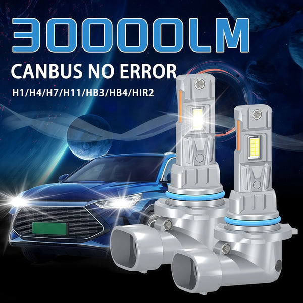A pair of automotive LED canbus lights are shown next to a blue car, demonstrating error-free operation.