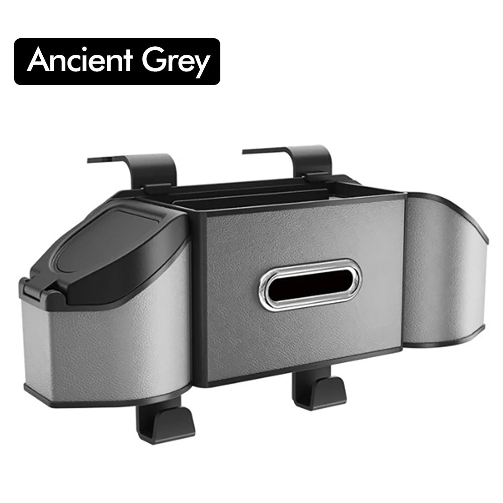 Organisateur de siège de voiture rectangulaire gris avec compartiment de rangement et panneaux latéraux.