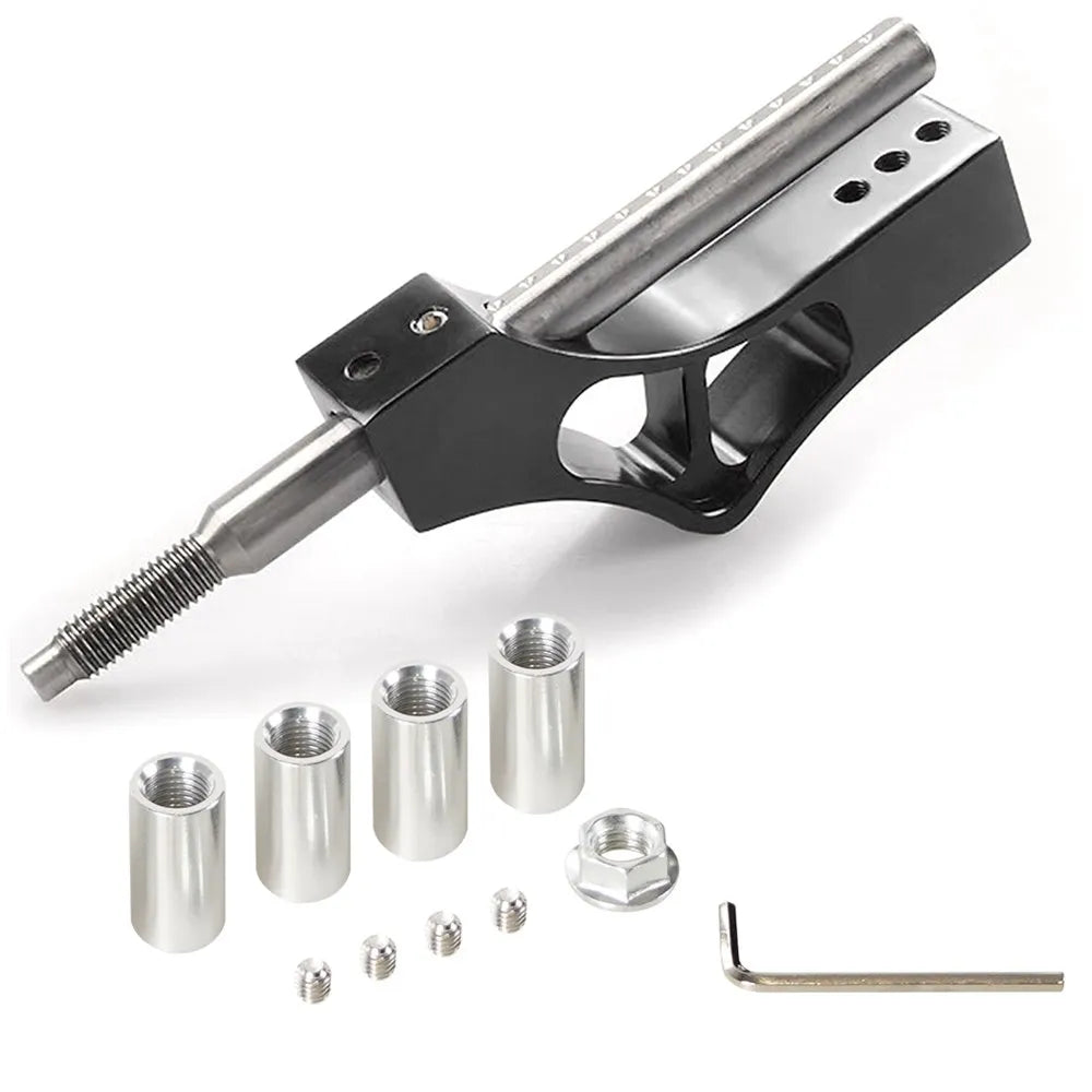 A silver adjustable car gear shifter extension kit with a black housing and various metal components.
