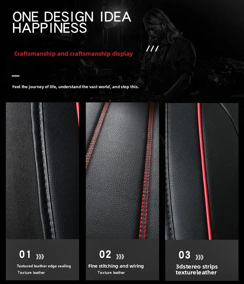 Three close-up shots of black textured leather seat covers showing stitching and edge detailing.