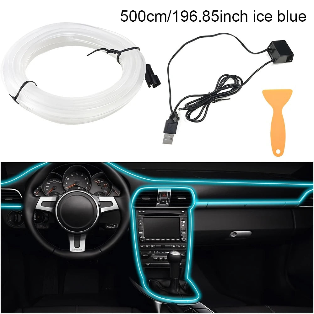 Flexible USB EL wire ambient light strip installed in a car interior dashboard and steering wheel.