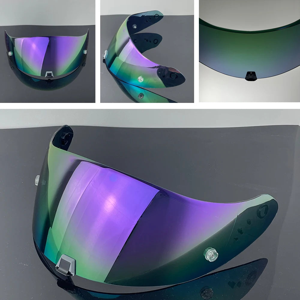 A motorcycle helmet visor lens in various angles and colors, showing iridescent purple and green reflections.