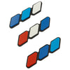 Three rectangular decals in black and white feature blue and red sections for car grills