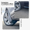 Comparison of installation effects showing mud flaps installed and uninstalled on a vehicle wheel.