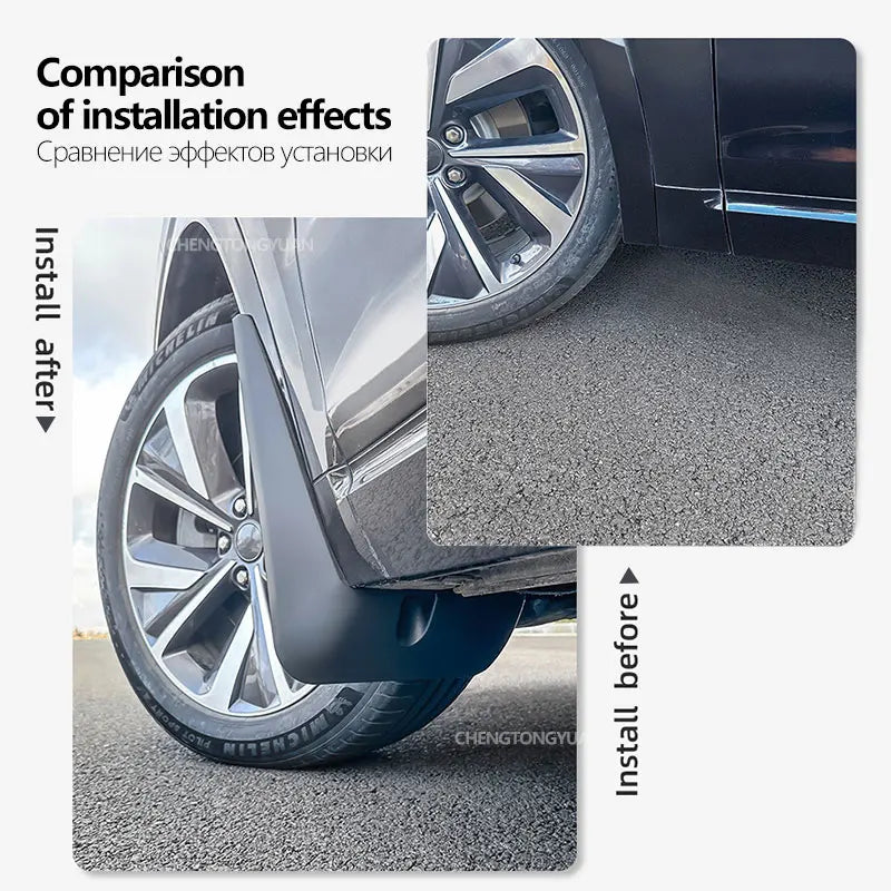 Comparison of installation effects showing mud flaps installed and uninstalled on a vehicle wheel.