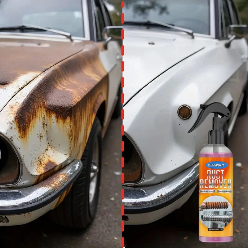 Une bouteille de produit à l'acide rust-remover utilisée sur la surface métallique rouillée d'une voiture blanche.