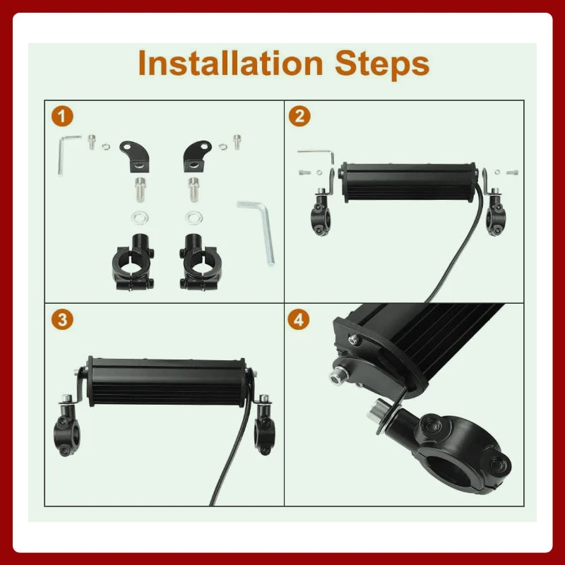 Installation steps showing the assembly of a motorcycle LED light bar kit.