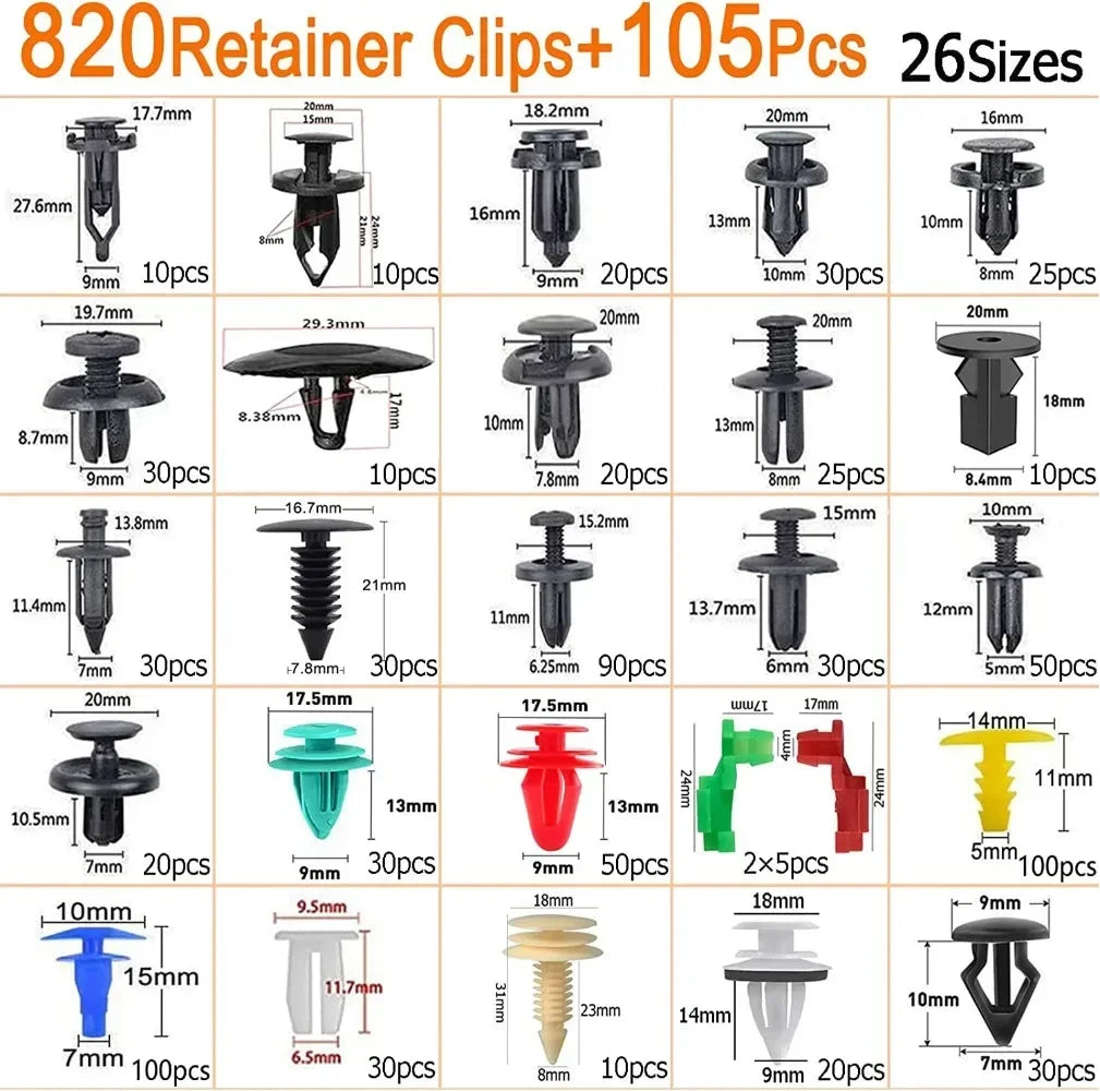 A variety of auto fastener clips and retainers in different sizes and colors are displayed, showing various dimensions and qu