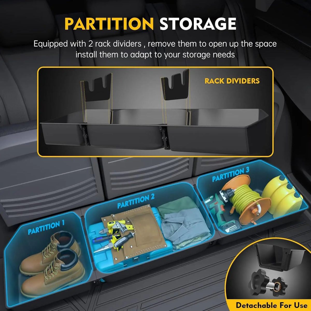 Partition storage box with two rack dividers showing internal compartments and detachable parts
