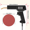A black plastic welding gun with a hot staple tip and power cord, shown next to its dimensions.