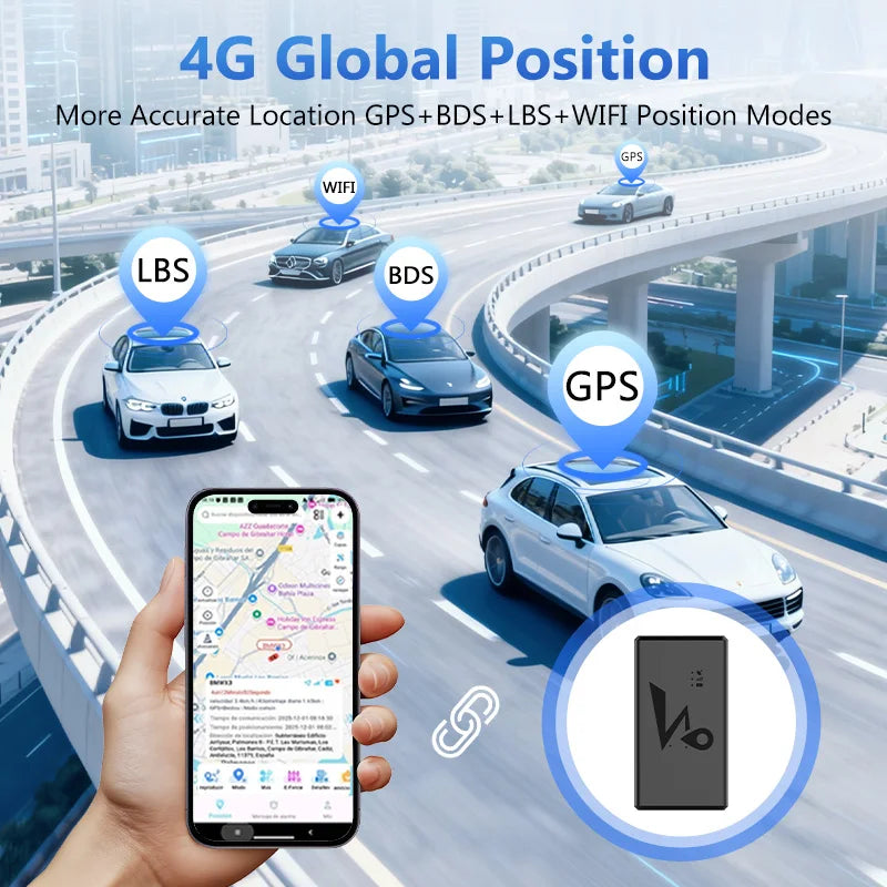 Une main tient un smartphone affichant des données de suivi de localisation, avec une voiture sur une autoroute montrant GPS,