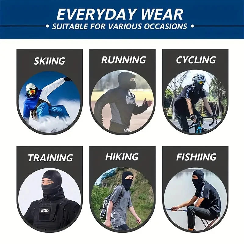 A collection of five different activities showing a UV protection cooling balaclava face mask used for skiing, running, cycli