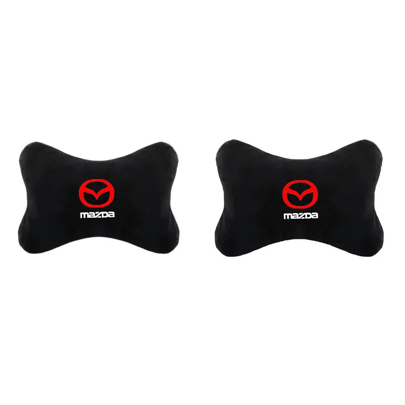 Black Mazda car headrest seat belt shoulder pad with a red Mazda logo