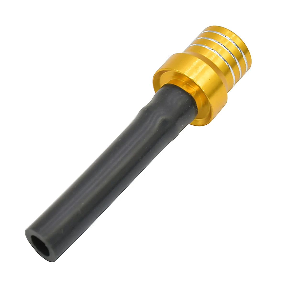 A black fuel vent breather hose with a brass fitting and ribbed end.