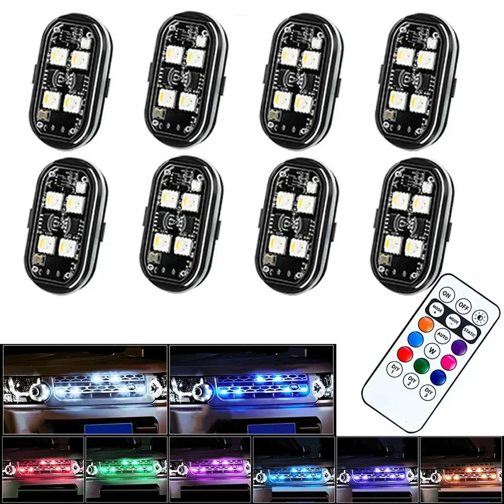 A set of multi-mode RGB strobe warning lights for vehicles and drones, shown in various configurations.