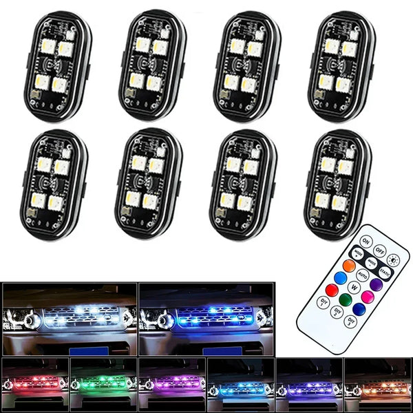 A set of multi-mode RGB strobe warning lights for vehicles and drones, shown in various configurations.