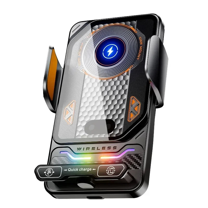 Schwarze 2-in-1 Auto-Klemmmont für Handy mit transparentem Panel und kabellosem Laden.