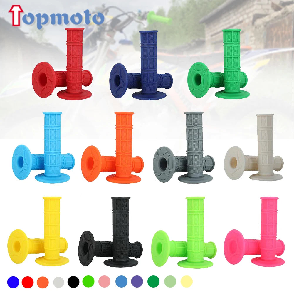 A variety of colorful gel rubber handlebar grips for dirt bikes shown in various colors and angles.