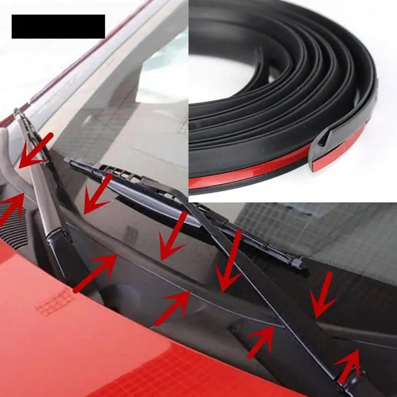 Flexible black windshield seal strip installed on a red car, showing its application and flexible design.