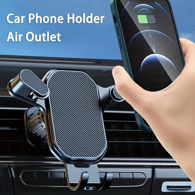 A black car phone holder with an air outlet clip is shown mounted in a car's air vent.
