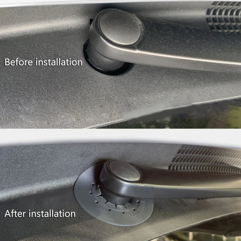 Comparison showing a car windshield debris protector sleeve before and after installation.