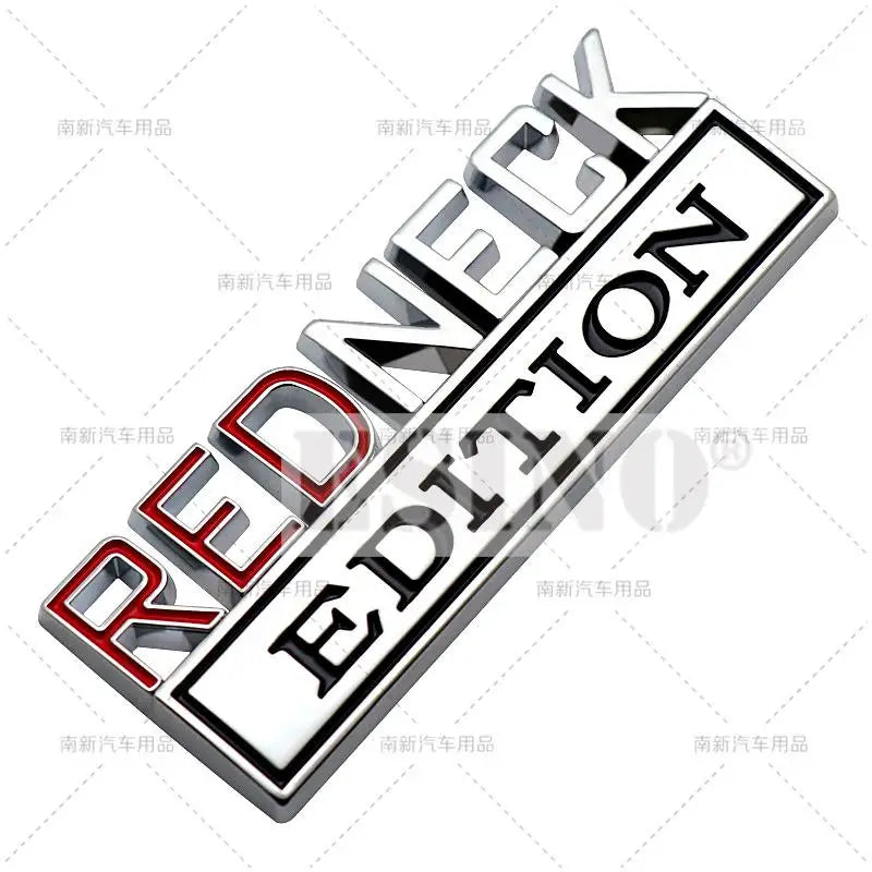 A 3D chrome car emblem decal with the word REDNECK EDITION in a stylized font.