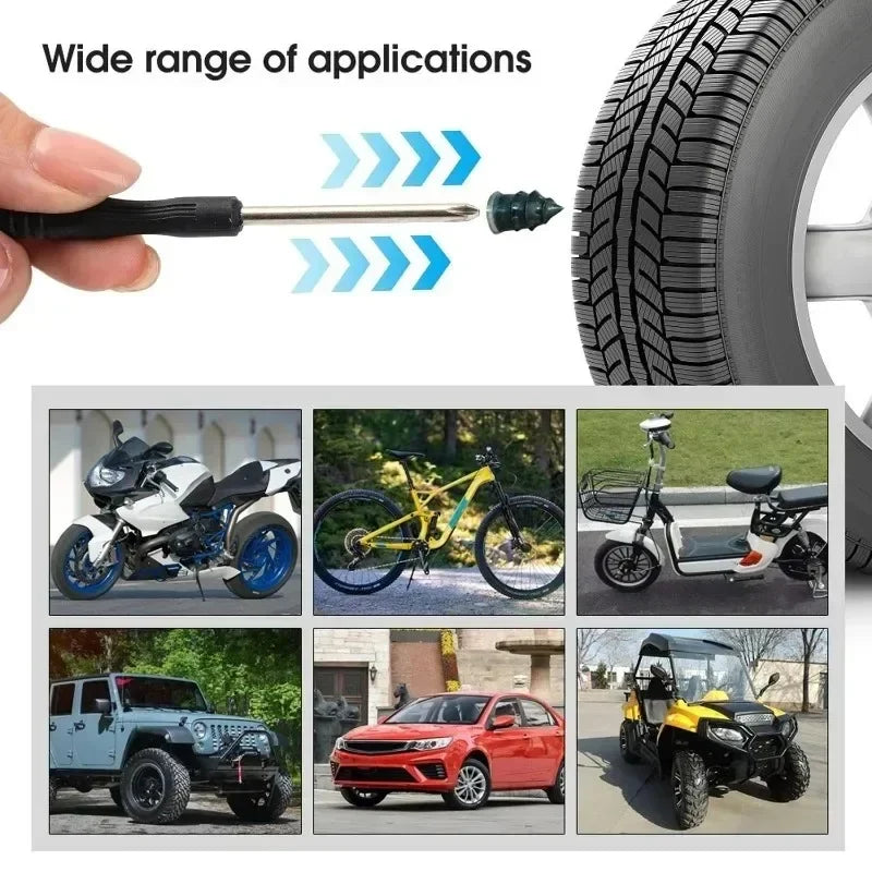 A hand holds a compact tire repair kit with reusable rubber plugs, demonstrating its wide range of applications.