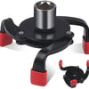A black oil filter removal tool with a silver filter holder and red grips.