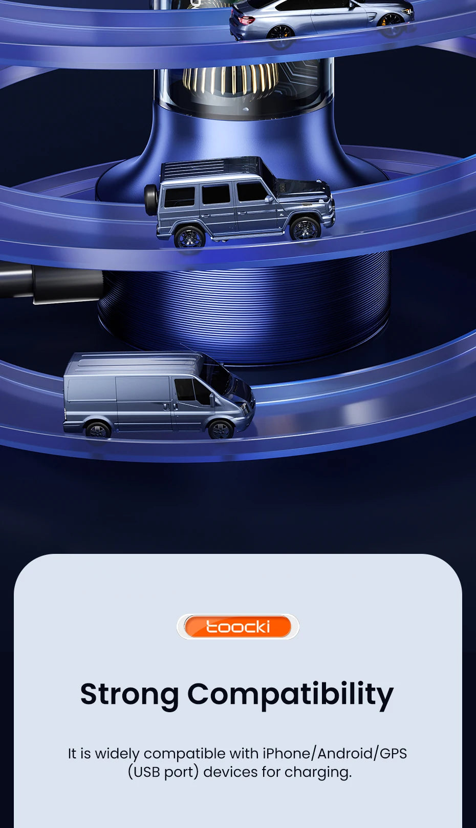 A blue cylindrical charger is shown with miniature car models inside, demonstrating compatibility for iPhone/Android/GPS USB 