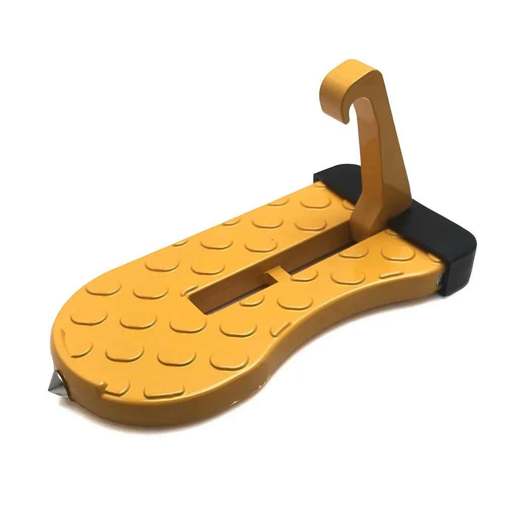 A yellow heavy-duty vehicle roof access hook with a black mounting base.
