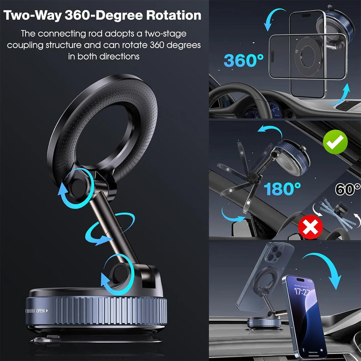 Schwarzer magnetischer Handyhalter für das Auto mit zweifacher 360-Grad-Drehung und faltbarer Struktur.