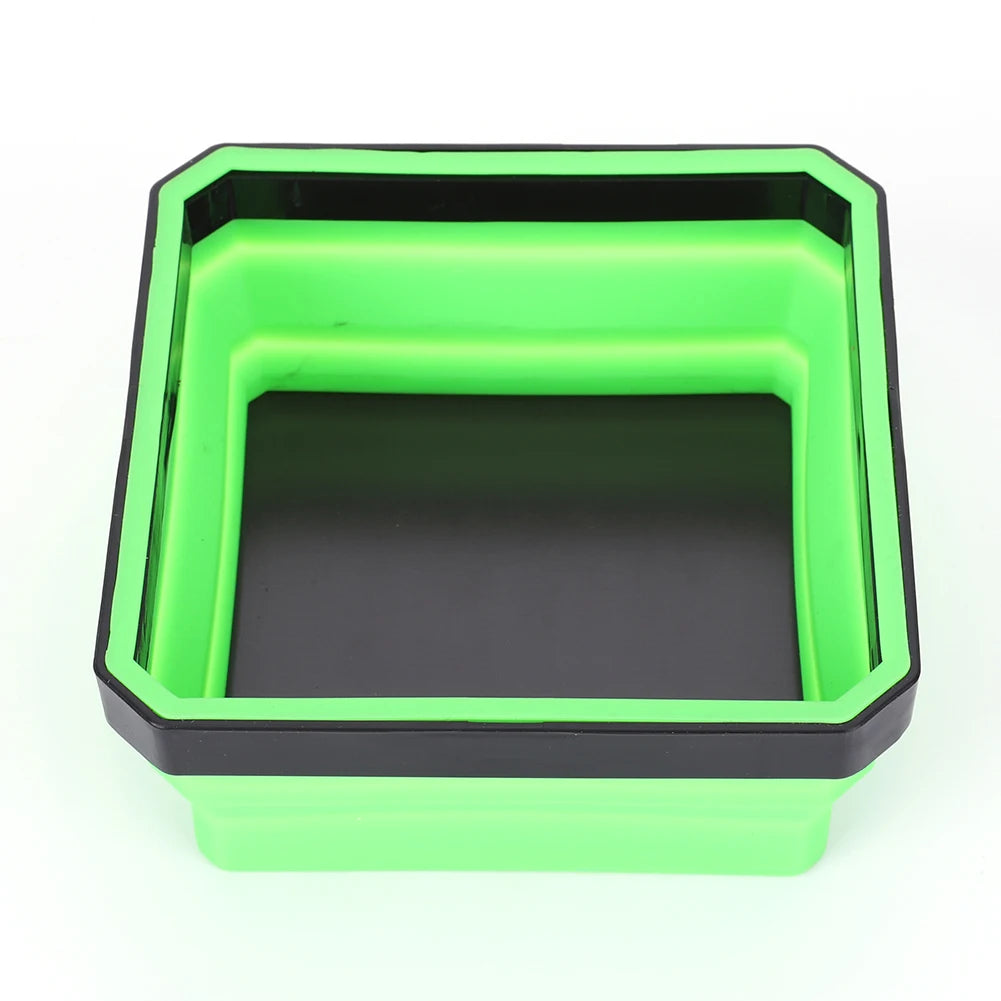 A bright lime green collapsible magnetic parts tray organizer with a black rim and square compartment.
