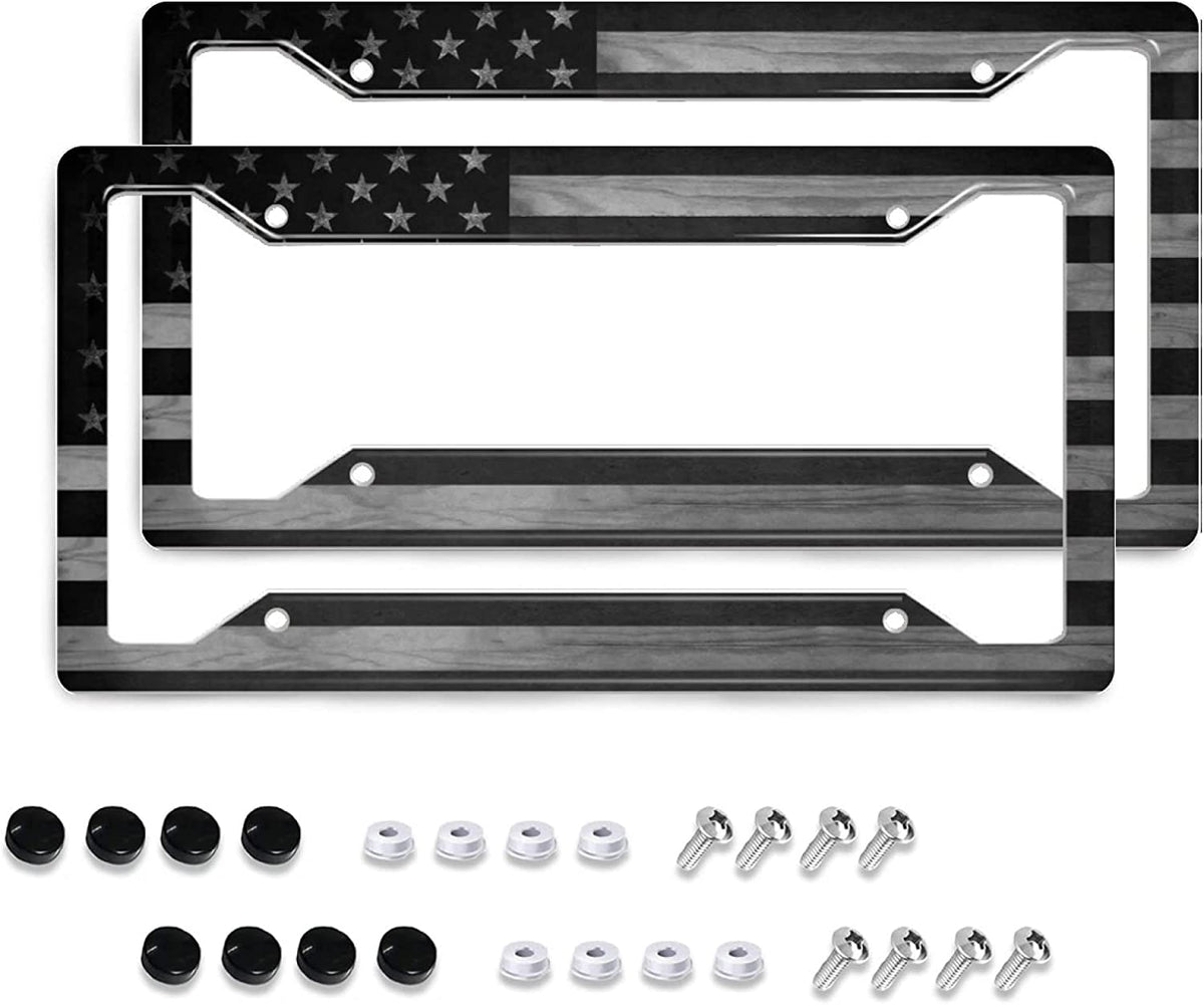 A set of two black and gray wood license plate frames with silver mounting hardware.