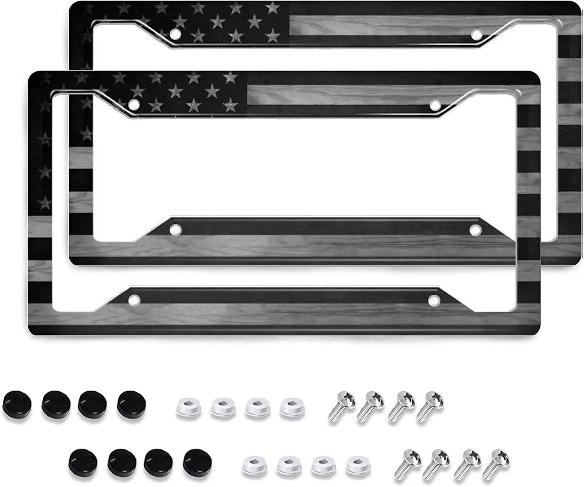 A set of two black and gray wooden license plate frames featuring an American flag design.